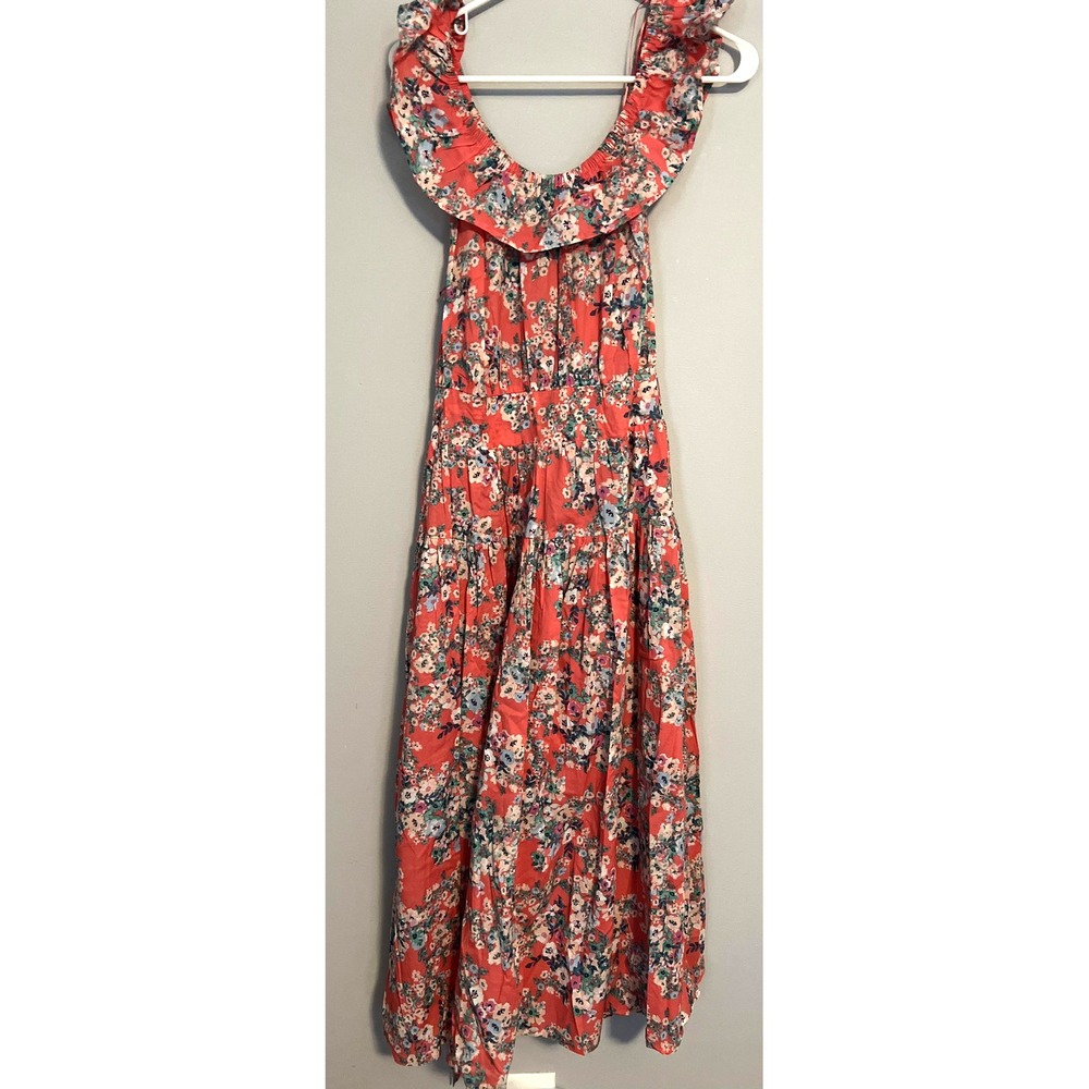 Lauren Conrad Dress Womens Large Red Floral Ruffle Maxi Tiered 100% Cotton NWT
